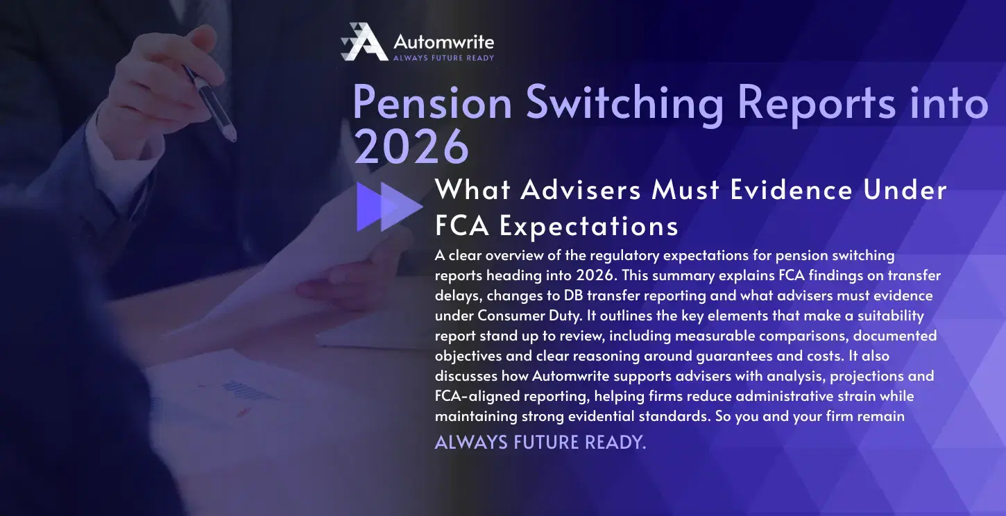 Cover image for Automwrite’s 2026 pension switching report guide, showing a financial adviser reviewing documents at a meeting table, highlighting FCA expectations for pension switching reports and DB transfer reporting.
