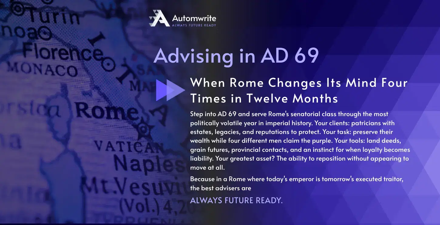 Antique map of Italy with Rome and Florence visible, overlaid with Automwrite branding and text about advising in AD 69